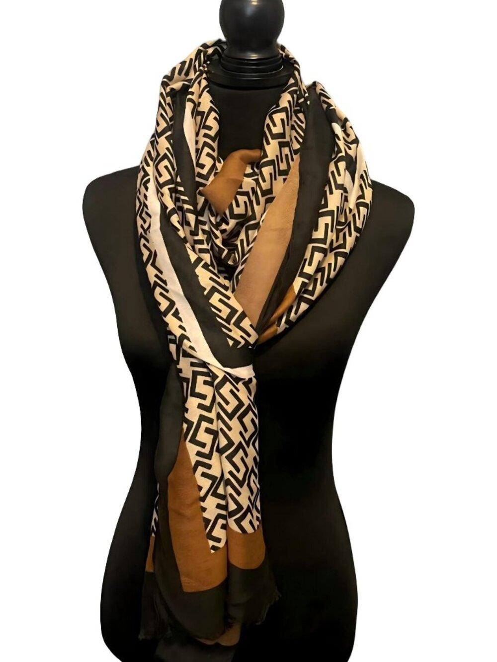 Elegant Geometric Pattern Scarf Featuring A Greek Key / Maze-Style